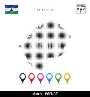 Mappa tratteggiata del Lesotho. Semplice Silhouette del Lesotho. La bandiera nazionale del Lesotho. Insieme multicolore i marcatori mappa. Illustrazione isolato su bianco Bac Foto Stock