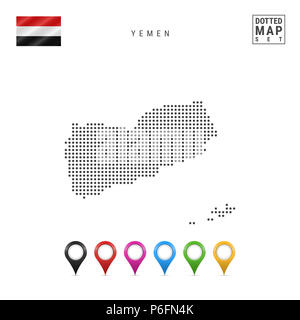 Pattern a punti mappa dello Yemen. Stilizzata semplice silhouette dello Yemen. La bandiera nazionale dello Yemen. Insieme multicolore i marcatori mappa. Illustrazione isolati su Foto Stock