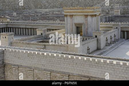 Il modello della città di Gerusalemme e il cosiddetto secondo tempio distrutto dai romani nel 70 d.c. Israele. Scala 1:50. Foto Stock