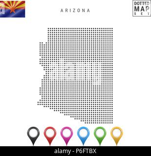 Pattern a punti mappa vettoriale dell Arizona. Silhouette stilizzata della Arizona. Bandiera dell'Arizona. Insieme multicolore i marcatori mappa Illustrazione Vettoriale