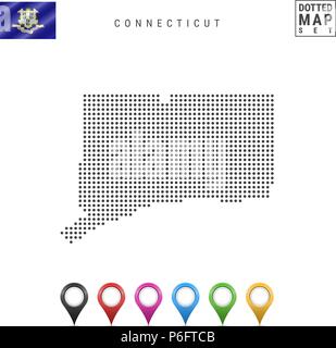 Pattern a punti mappa vettoriale del Connecticut. Silhouette stilizzata del Connecticut. Bandiera del Connecticut. Set di marcatori mappa Illustrazione Vettoriale