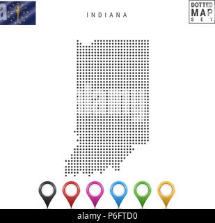 Pattern a punti mappa vettoriale dell'Indiana. Silhouette stilizzata di Indiana. Bandiera dell'Indiana. Insieme multicolore i marcatori mappa Illustrazione Vettoriale
