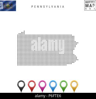 Pattern a punti mappa vettoriale della Pennsylvania. Silhouette stilizzata della Pennsylvania. Bandiera della Pennsylvania. Set di marcatori mappa Illustrazione Vettoriale