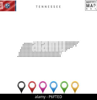 Pattern a punti mappa vettoriale del Tennessee. Silhouette stilizzata del Tennessee. Bandiera del Tennessee. Mappa multicolore set di marcatori Illustrazione Vettoriale