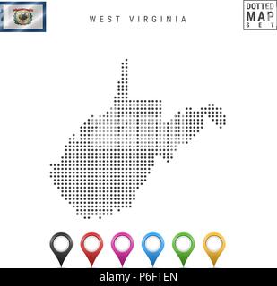 Pattern a punti mappa vettoriale della West Virginia. Silhouette stilizzata della West Virginia. Bandiera della West Virginia. I marcatori mappa impostato Illustrazione Vettoriale