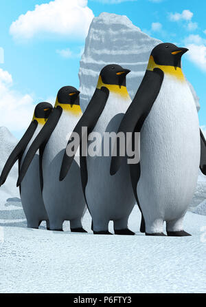 I pinguini in piedi in coda per competizioni.viaggio concettuale di 3d'illustrazione. Foto Stock