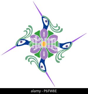 Etnica pattern astratti magic gli uccelli in stile Giapponese. Neon luminoso piumaggio. Illustrazione Vettoriale