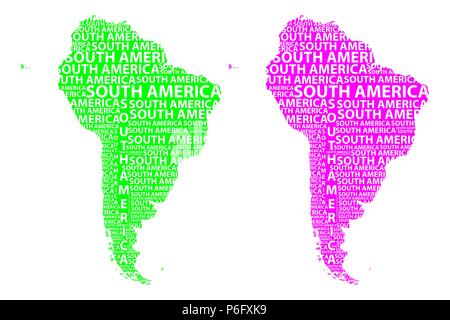 Schizzo Sud America testo lettera continente, Sud America parola - la forma del continente, mappa del continente del Sud America - verde e viola vect Illustrazione Vettoriale