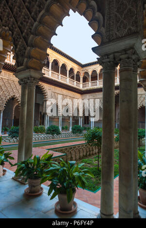 Patio de las Doncellas nel Palacio del Rey Don Pedro, Alcazar, Sevilla, Andalusia, Spagna Foto Stock