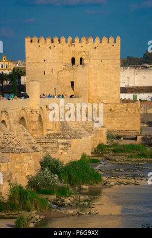 Cordoba Ponte Romano, vista la medievale Torre de la Calahorra situato all'estremità orientale del Puente Romano a Cordoba, Andalusia. Foto Stock