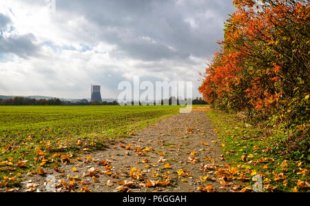 Autunno giornata di vento in Germania, cielo nuvoloso giallo le foglie che cadono dagli alberi in piedi vicino a una strada sterrata e terreni agricoli. In lontananza il camino del n Foto Stock