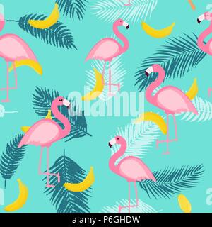 Beautifil Estate Seamless Pattern sfondo con Palm Tree Leaf Silhouette, banana e gelato. Illustrazione Vettoriale Illustrazione Vettoriale