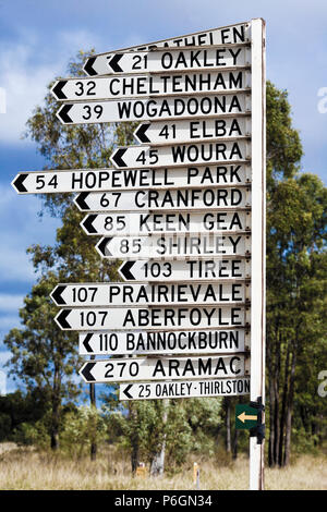 Cartello stradale con i nomi dei luoghi nel Queensland, Australia Foto Stock
