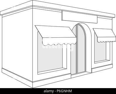 Negozio di fronte. Piccolo negozio con ampia finestra e tende. Schizzo Illustrazione Vettoriale