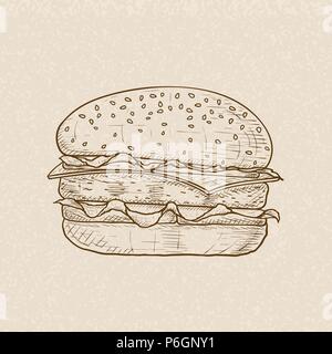 Hamburger. Mano Bruno Bozzetto su sfondo beige Illustrazione Vettoriale