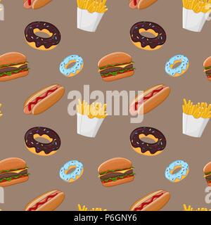 Il fast food seamless pattern. Colorata illustrazione vettoriale su sfondo marrone Illustrazione Vettoriale