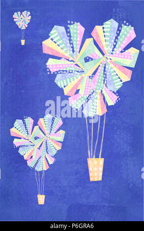 Abstract a forma di cuore i palloni ad aria calda dello sfondo. Amore palloncini come una mongolfiera fatta da triangoli colorati, decorata con puntini bianchi e linee. Foto Stock