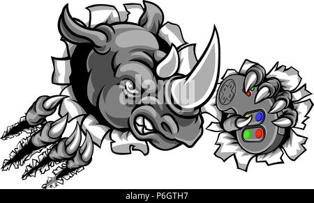 Rhino Gamer Azienda Controller sullo sfondo di rottura Illustrazione Vettoriale