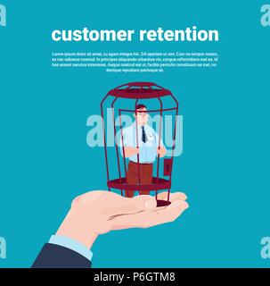 Customer retention manager mano che tiene un client in gabbia bloccato su sfondo blu flat Illustrazione Vettoriale