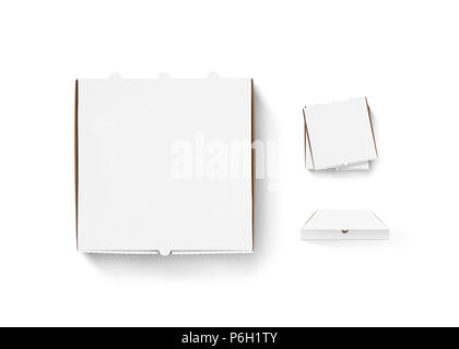 Fustellato Scatola pizza design mock up set isolato. Imballaggi in cartone Scatola pizza consegna chiaro mockup. Pizza calda clear box modello. Pila di scatole vista dall'alto. Contenitore per alimenti qualsiasi lato. Scatole per pizza. Foto Stock