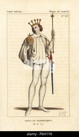 Louis II il tedesco, re di Baviera, 806-876. Egli indossa una sayon (sagum, militare breve cape) fissato alla spalla, doppietto, calze e scarpe. La sua corona ha raggi, e porta uno scettro, orb e spada. Copperplate Handcolored disegnato e inciso da Leopoldo Massard da 'French Costumi da Re Clodoveo ai nostri giorni " Massard, Mifliez, Parigi, 1834. Foto Stock