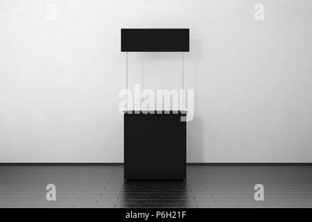 Bianco nero contatore promo mockup stare vicino al muro, rendering 3d. Promozionale vuoto pop up exhibition mock up. Cancella archivio scrivania portatile modello. Commercio branding kiosk presentazione. Foto Stock