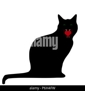 Silhouette di un gatto nero con cuore rosso nella sua bocca su sfondo bianco, vettore eps 10 Foto Stock