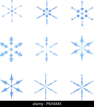 Set di diversi fiocchi di neve blu su sfondo bianco Foto Stock