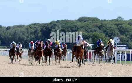 Trattenere cavalcato da Robert Winston (terza a destra) vince la Stobart Rail & Civils Northumberland Handicap piastra di gara durante la piastra di Northumberland giorno a Newcastle Racecourse. Foto Stock