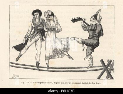 L incomparabile Ravel, una chitarra-playing francese artista tightrope dagli inizi del XIX secolo con due ballerini sulle corde di spessore. Xilografia da Huyot da Paul Lacroix's 'Directoire, Consulat et Empire", Parigi, 1884. Foto Stock