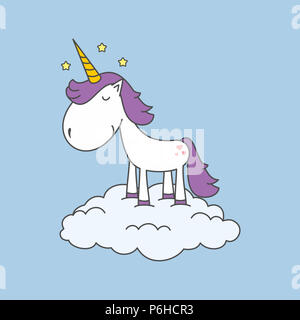 Molto Cartoon carino unicorn in piedi su una nuvola. Bella illustrazione su sfondo blu per biglietti di auguri o di libri per bambini. Foto Stock