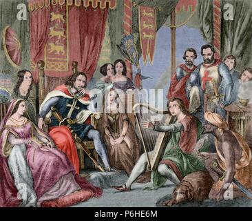 Richard I d'Inghilterra (1157-1199), noto come Riccardo Cuor di Leone. Re d'Inghilterra. Incisione raffigurante una scena di corte. Il re ascolta musica. Colorati. Foto Stock