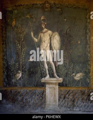 MARTE (el "ARES' griego). Dios de la guerra. Affresco pompeyano del siglo I d. C. donde se rappresentanouna a MARTE CON LAS ARMAS Y CASCO. Decoraba los muros del Jardín de la "CASA DE Venere". POMPEYA. La Campania. Italia. Foto Stock