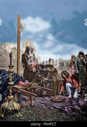 Alvaro de Luna (1390-1453). Connestabile di Castiglia. Alms per l anima del Conestabile Don Alvaro de Luna. Incisione di A. Closs nell'illustrazione artistica 1885. Colorati. Foto Stock