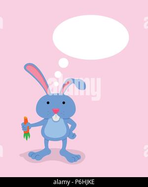 Cartoon bunny con la tenuta di carote e bolle di pensiero. Tutti gli oggetti sono in diversi strati. Illustrazione Vettoriale