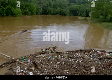 Tutti i tipi di umana prodotta dai detriti, come bottiglie di plastica e rami, legno e fango intasare e inquinare un fiume dopo un allagamento Foto Stock