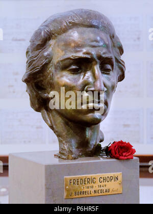 Testa in bronzo del compositore polacco& pianista Frederic Chopin da J, Borrell-Nicolau, in Celda de Chopin museum di Valldemossa, Spagna. Foto Stock