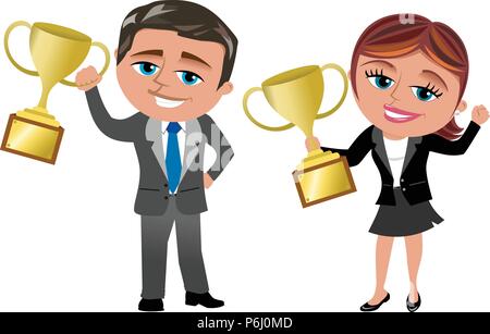 Cartoon imprenditrice e imprenditore esultando per ottenere buoni risultati trofeo di contenimento isolato Illustrazione Vettoriale
