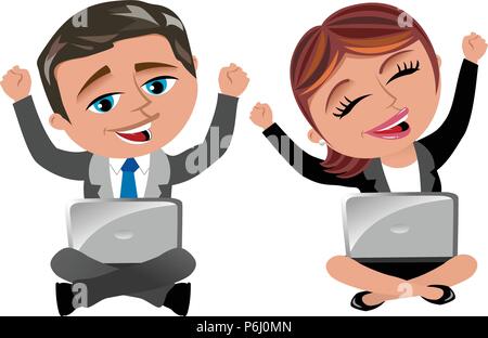 Imprenditrice e imprenditore lavora con Laptop e esultando isolato su bianco Illustrazione Vettoriale