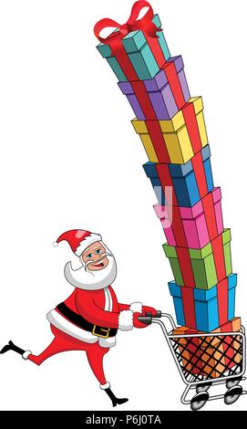 Santa Claus in esecuzione e spingendo il carrello pieno di doni isolato Illustrazione Vettoriale