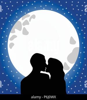 Silhouette di due Amanti bacio contro la luna piena in un romantico stellato sky Illustrazione Vettoriale