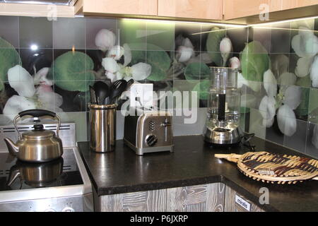 Cucina moderna contatore con motivi floreali in vetro piastrelle backsplash Foto Stock