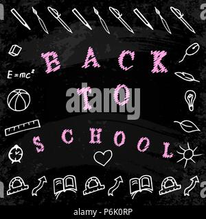 Si torna a scuola. Il concetto dell'evento. Parole e disegni a mano con la scuola e lo studio dei simboli. Sfondo - gesso nero board Illustrazione Vettoriale