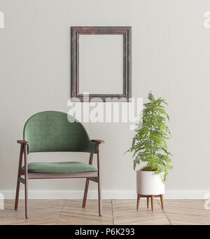 Mock up telaio in salotto interno con velluto verde poltrona e impianto, 3D render Foto Stock