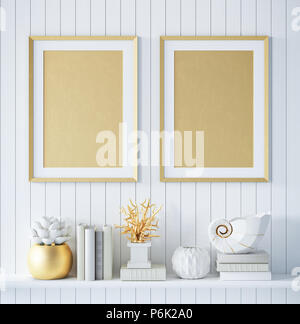 Mock up golden poster interni in background con decor, 3D render Foto Stock