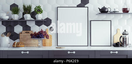 Mock up poster frame in cucina interno, sfondo panoramico, 3D render Foto Stock