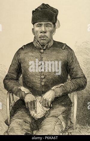 Masupha, Basuto capo, che si ribellarono nuovamente la regola britannica nel Basutoland in Sud Africa. La Ilustracion Española y Americana, 1877. Incisione di Capuz. Xix secolo. Foto Stock
