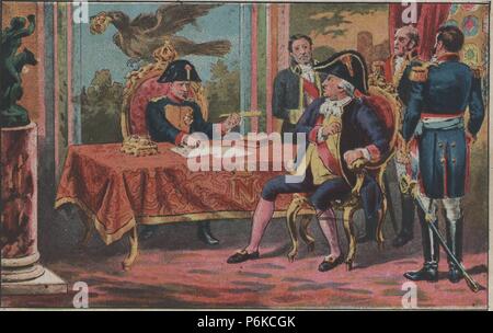 Guerra de la Independencia. Año 1808. Encuentro en Bayona entre el emperador de Francia Napoleón y Carlos IV, Rey de España. Foto Stock