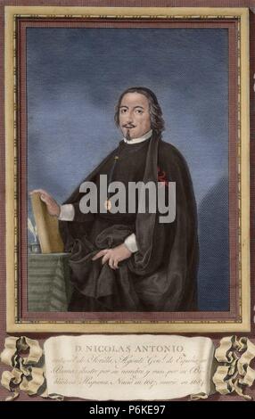 Nicolas Antonio (1617-1684). Bibliographer spagnolo. Ritratto. Incisione. Colorati. Foto Stock