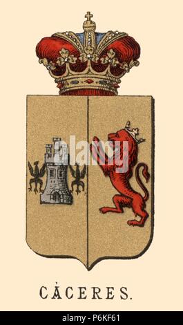 España. Heráldica. L'escudo de armas de la provincia de Cáceres. Grabado de 1878. Foto Stock